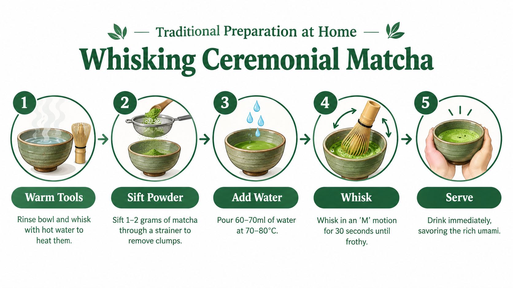A five-step infographic showing the traditional preparation process for making ceremonial grade matcha at home.