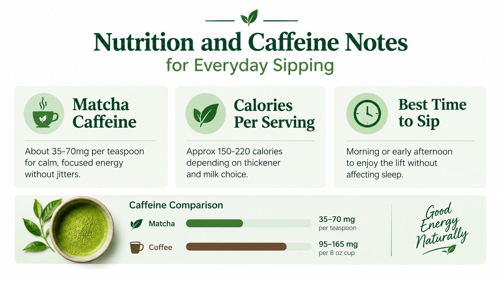 An infographic showing nutrition and caffeine facts about matcha versus coffee and best consumption times.