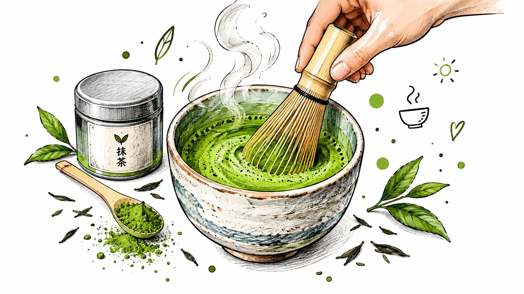 A hand whisking vibrant green matcha tea in a traditional ceramic bowl with powder and tea leaves.