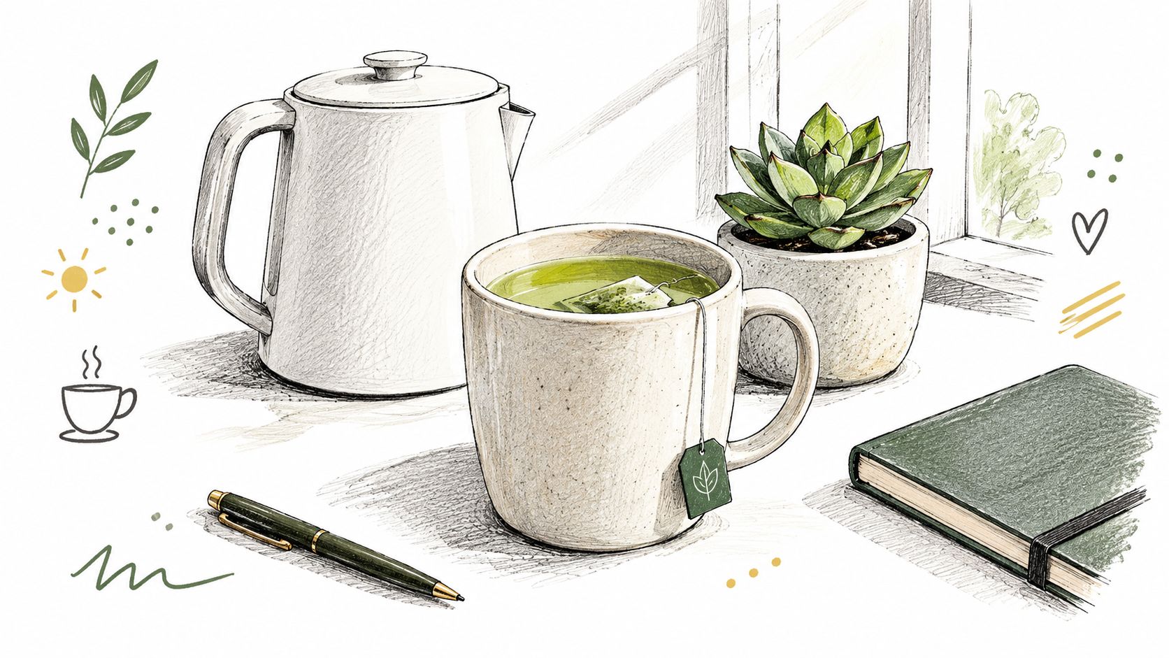 A pencil sketch style drawing of a matcha green tea bag in a mug near a succulent.