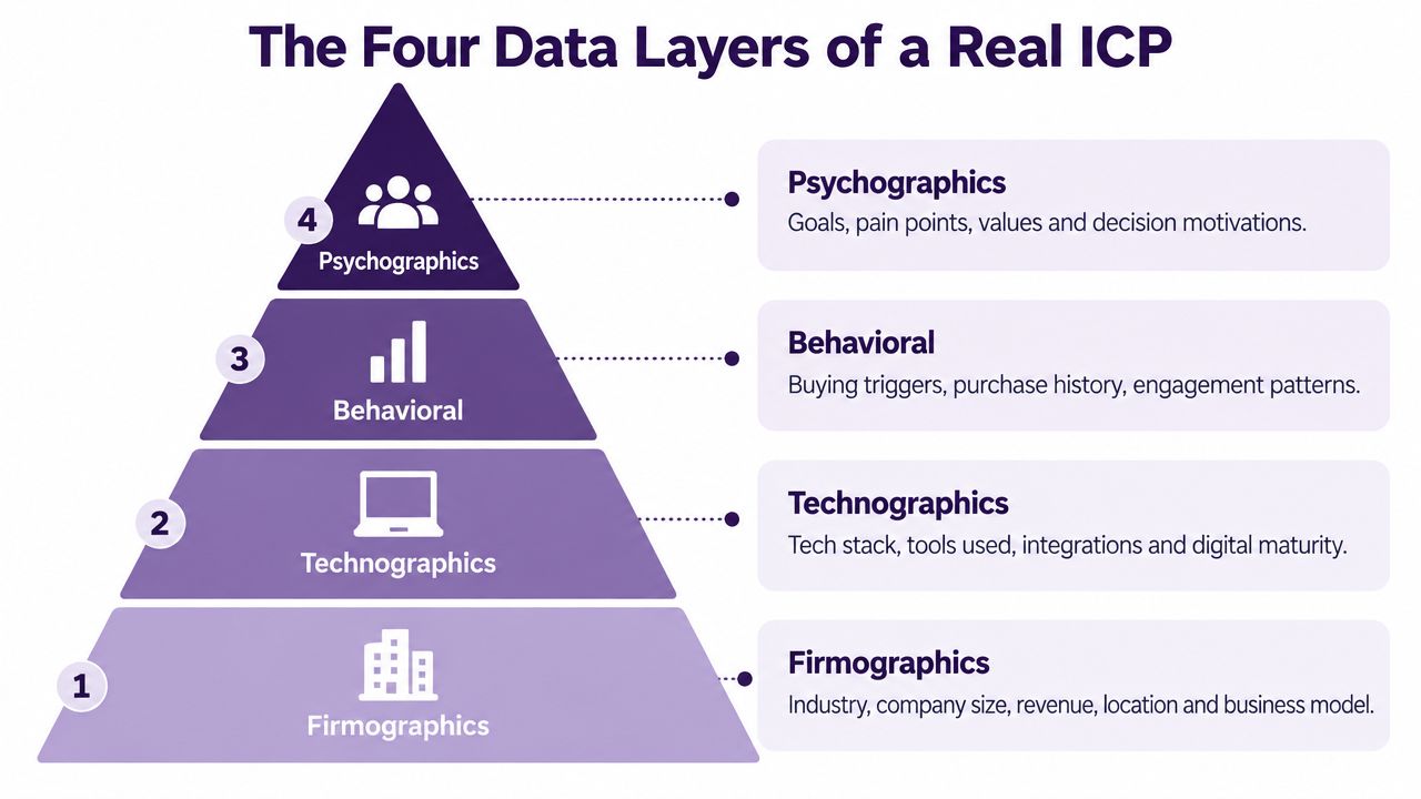 A pyramid diagram illustrating the four data layers of an ideal customer profile: firmographics, technographics, behavioral, and psychographics.