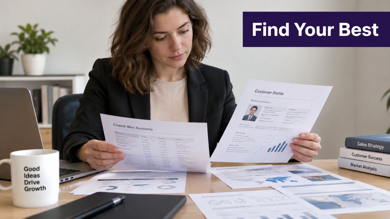 A professional woman reviewing customer profile reports and closed-won account data in a modern office workspace.