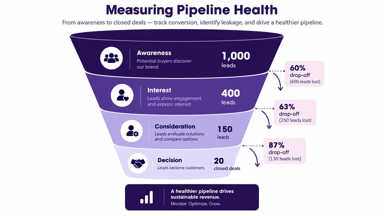 A marketing funnel diagram showing pipeline health metrics from awareness to closed deals with conversion drop-off percentages.