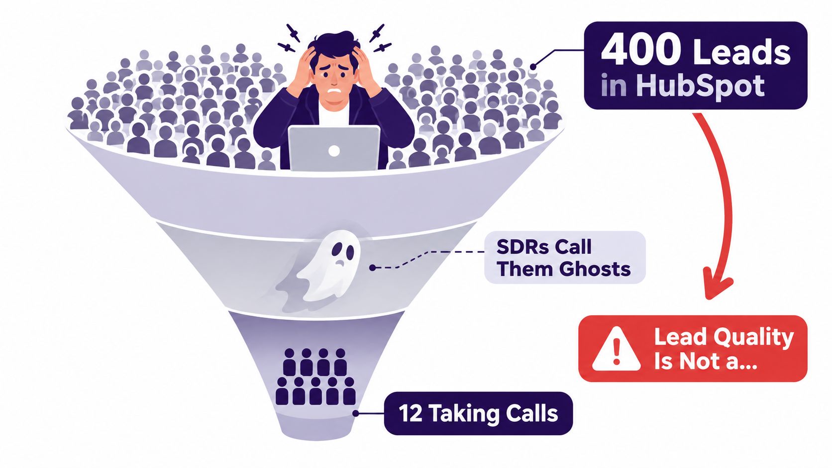 A stressed sales representative managing a funnel where many leads turn into ghost accounts before converting.