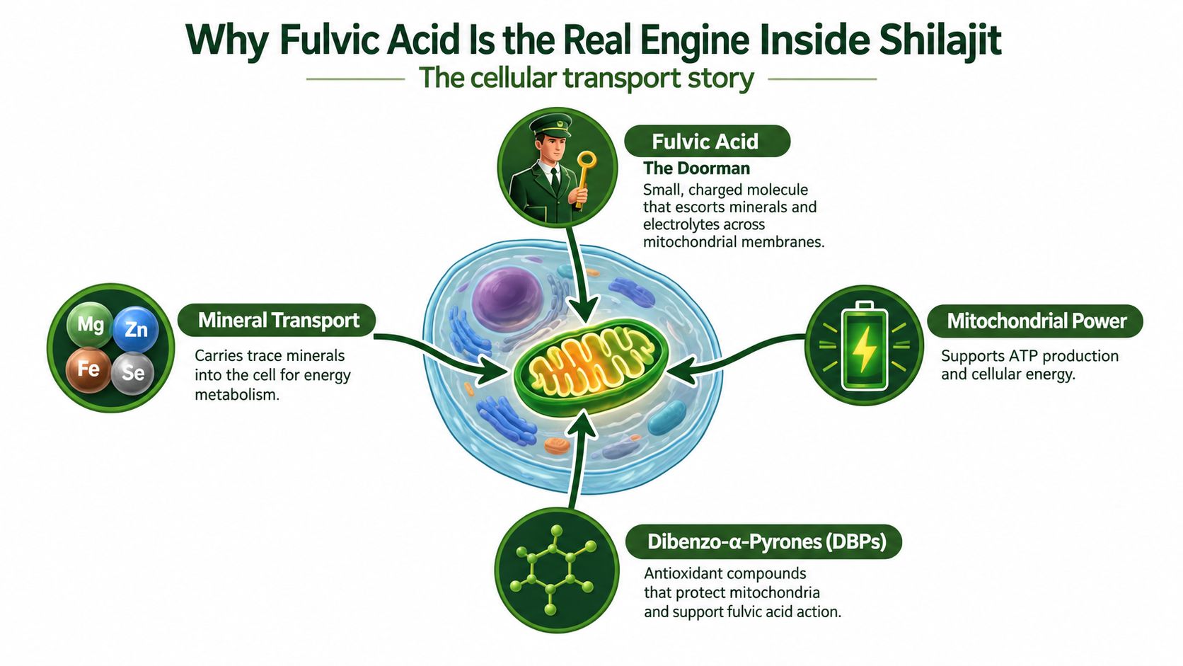 A diagram illustrating how fulvic acid, minerals, and dibenzo-alpha-pyrones support mitochondrial power and energy metabolism.