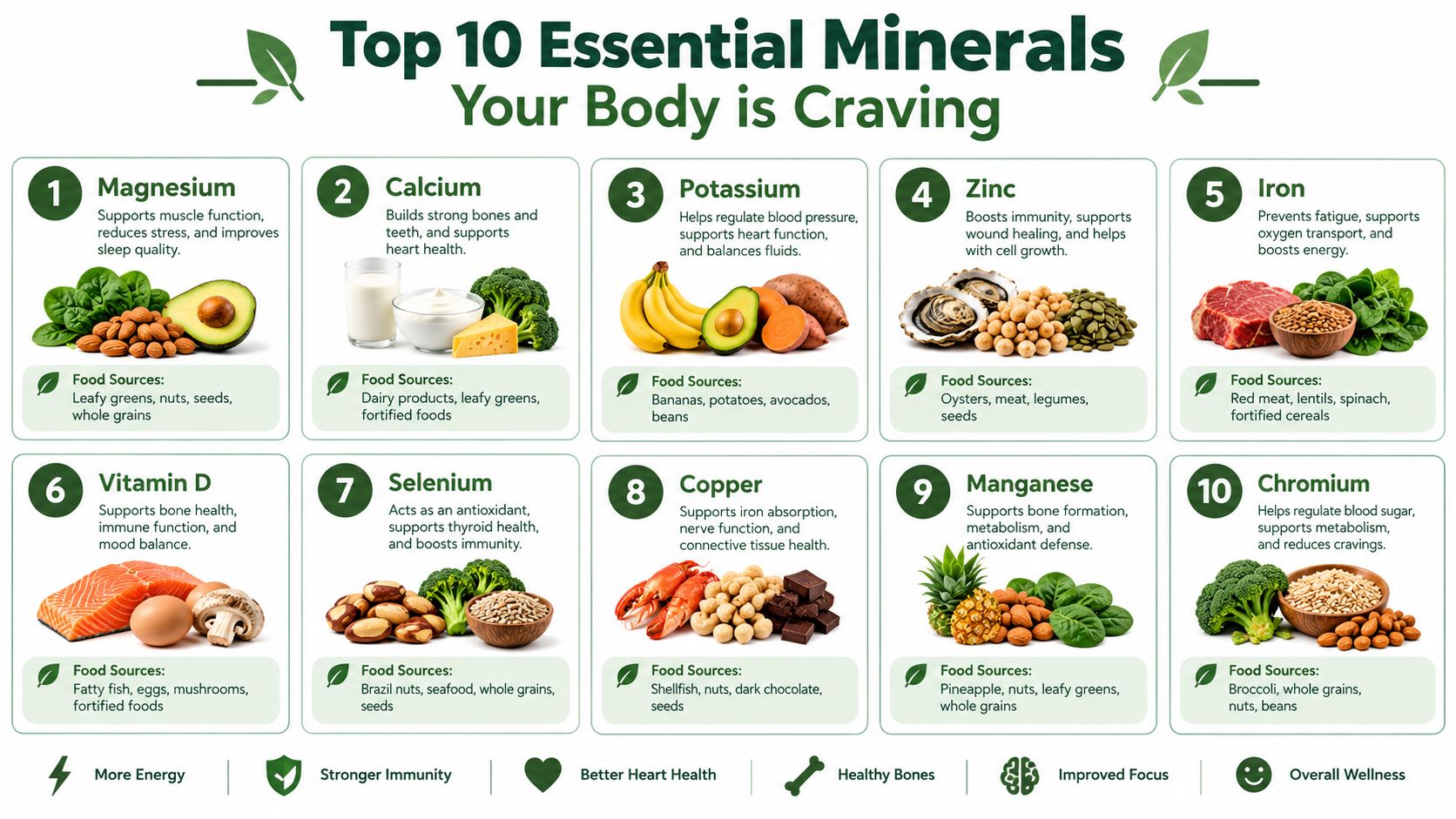 A comprehensive infographic listing the top 10 essential minerals for the body along with their food sources.