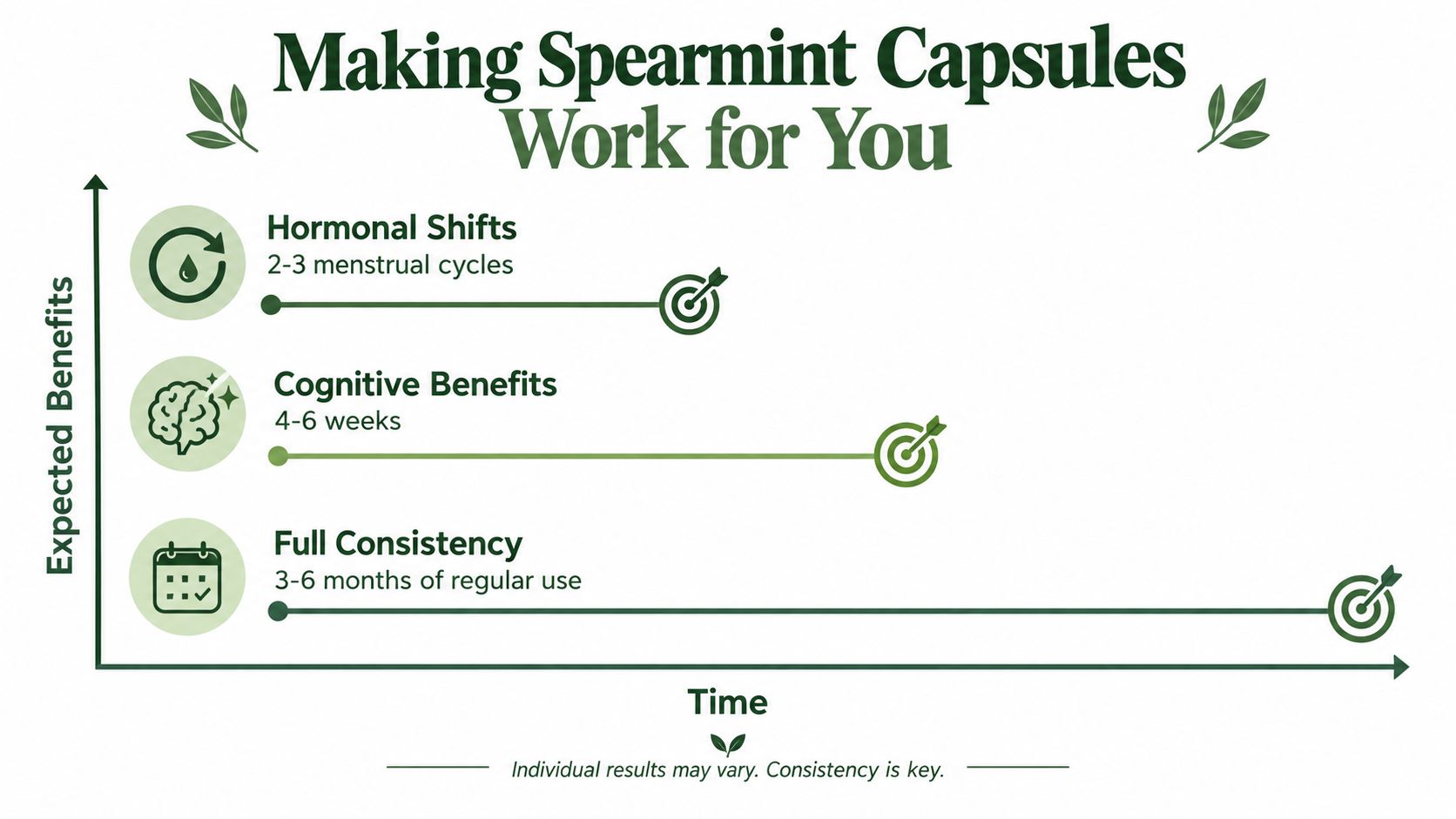 A timeline graphic showing the expected timeline for spearmint capsules, including hormonal shifts, cognitive benefits, and full consistency.