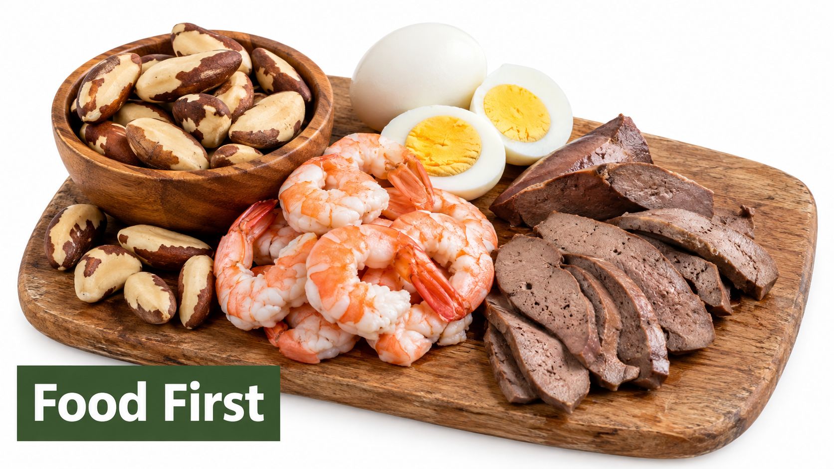 A wooden board features Brazil nuts, cooked shrimp, boiled eggs, and sliced liver for dietary intake.