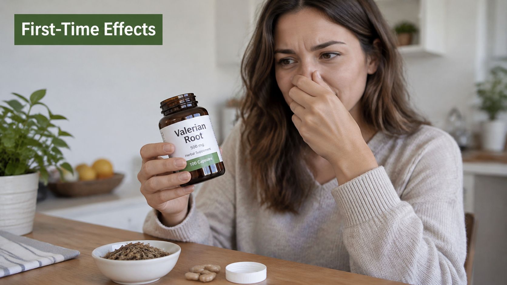 A woman holds a bottle of valerian root capsules and covers her nose in disgust.
