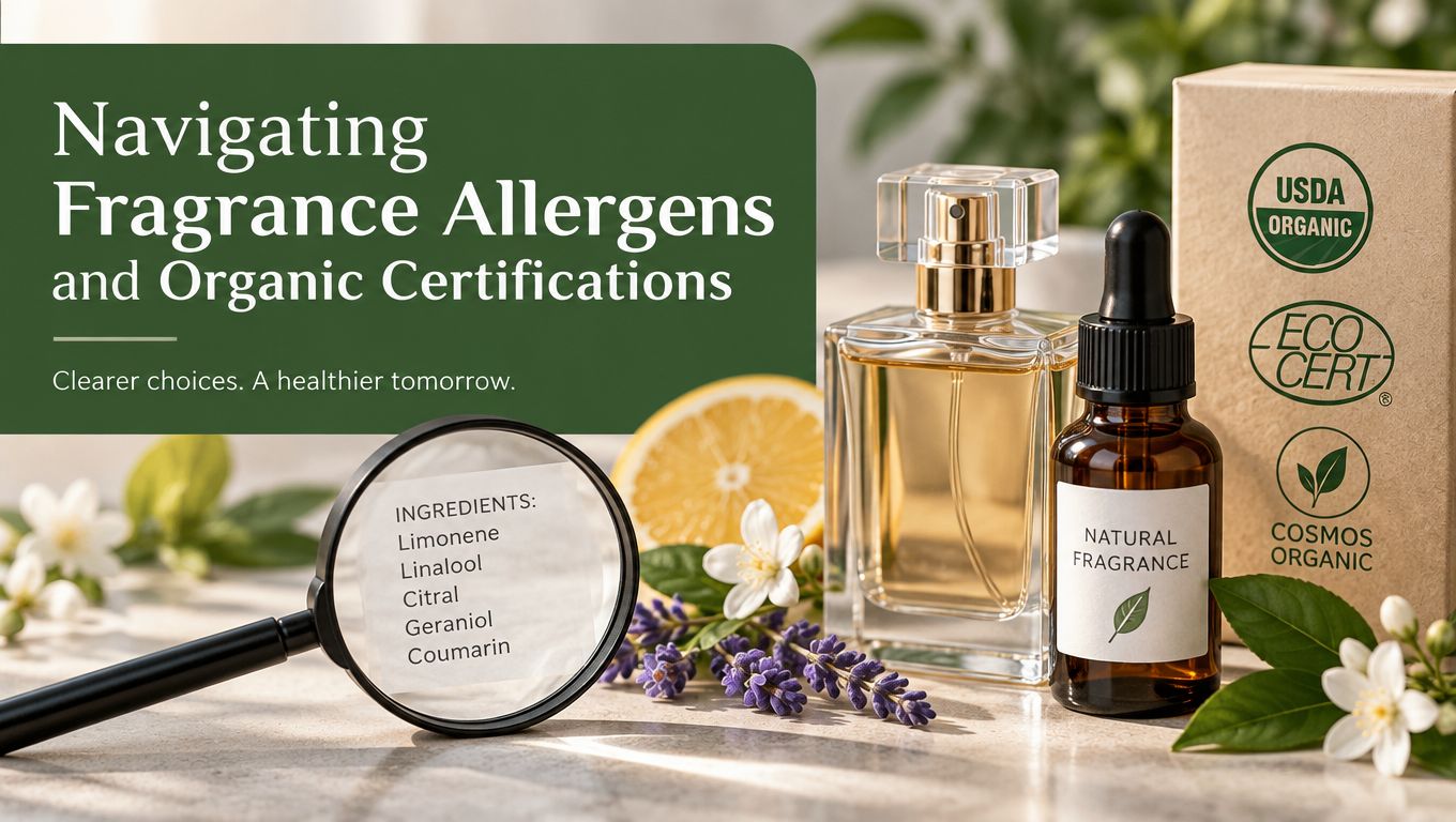 A magnifying glass inspecting fragrance ingredients next to perfume bottles and organic certification logos on a table.