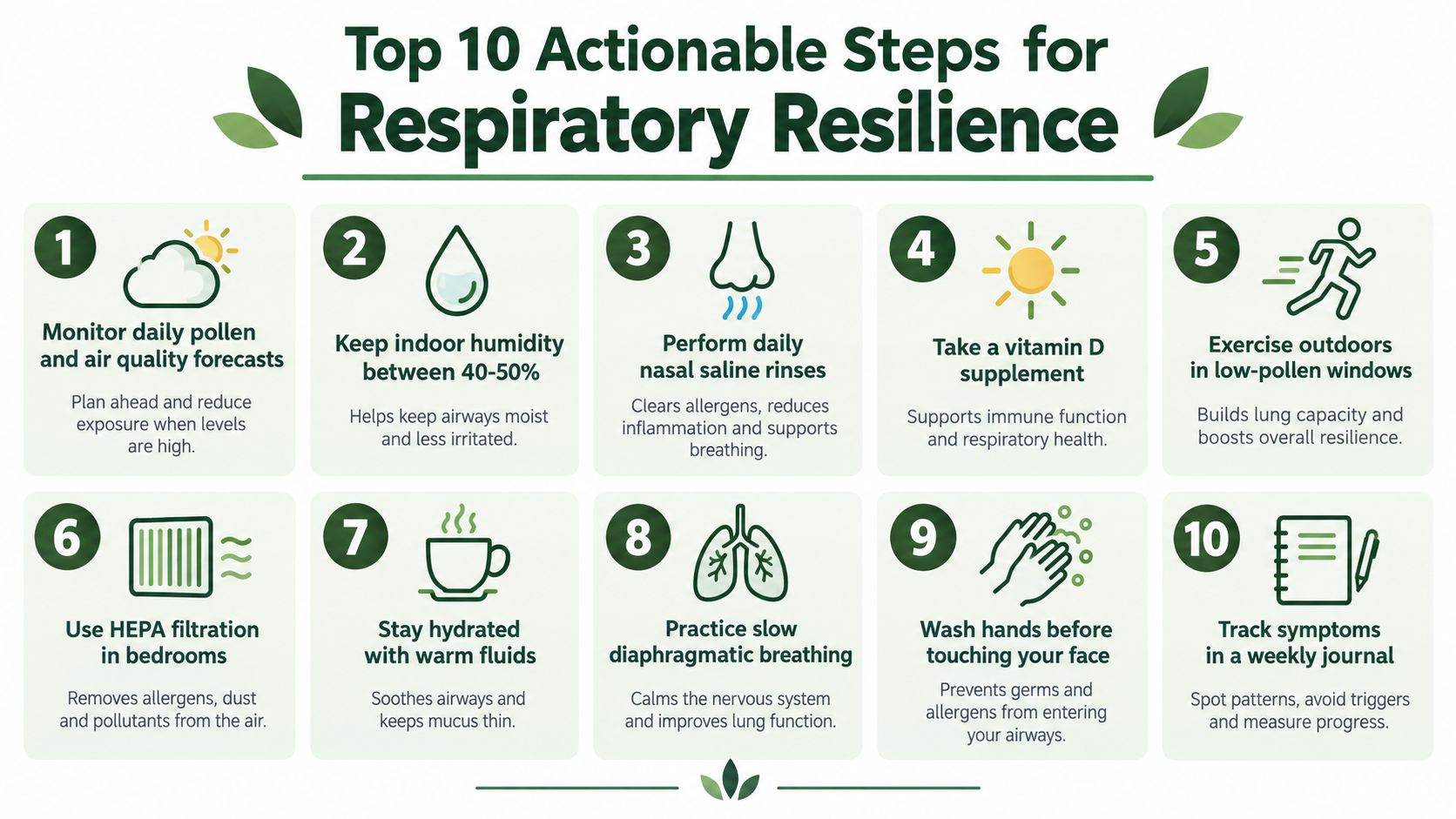 An infographic titled Top 10 Actionable Steps for Respiratory Resilience, listing habits like hydration, air quality, and exercise.