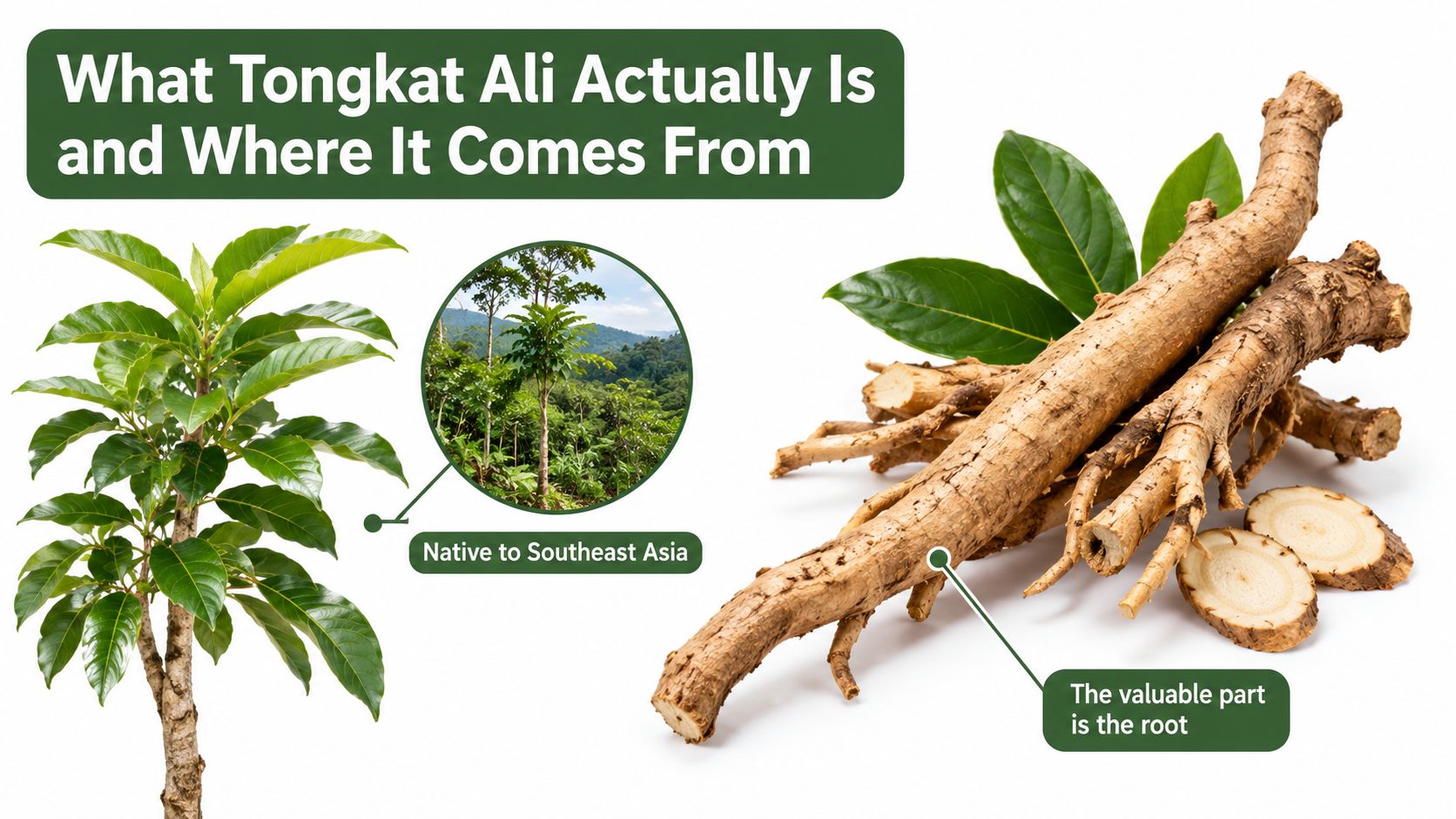 A diagram illustrating the Tongkat Ali plant and its medicinal roots native to Southeast Asia.