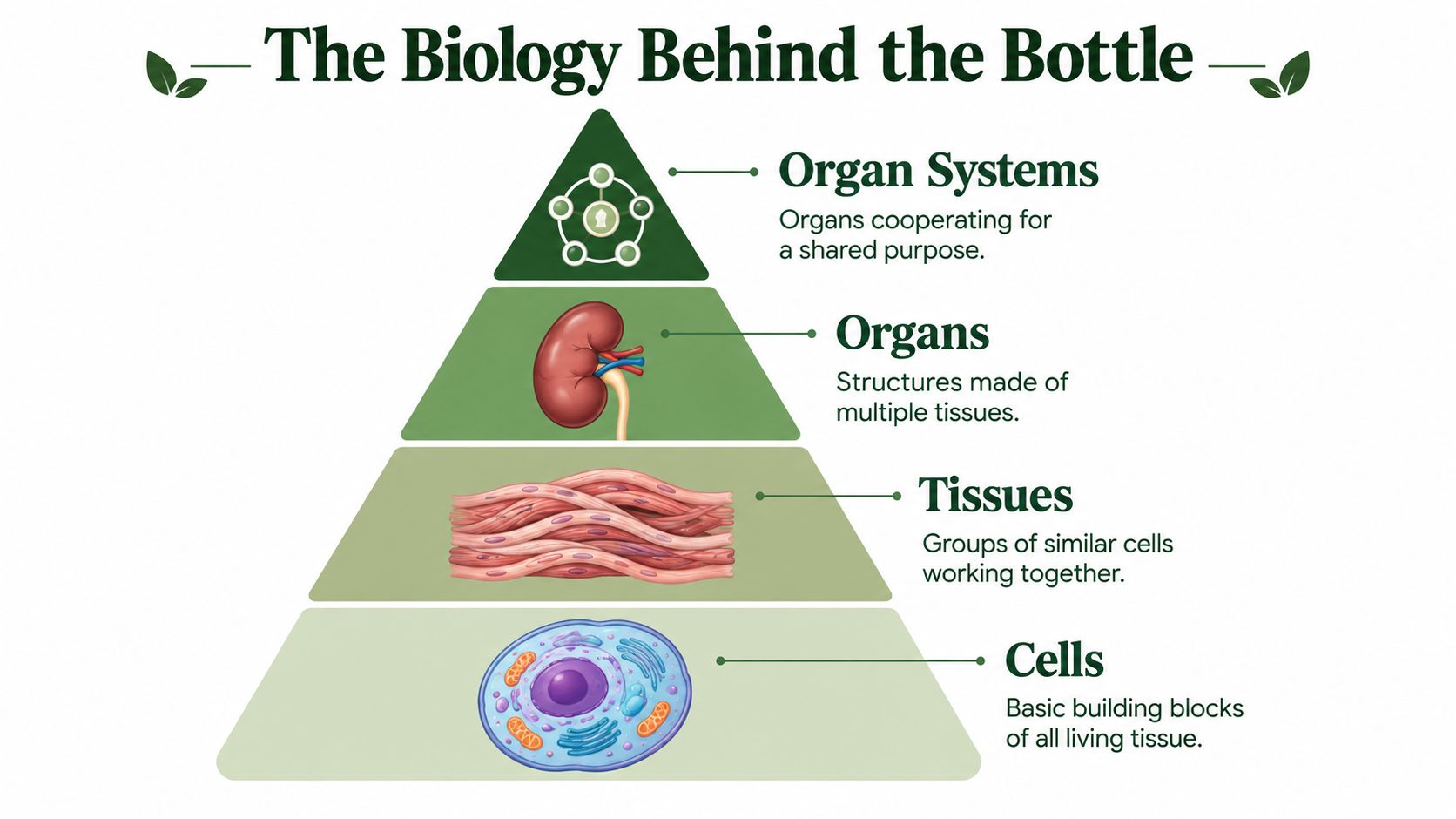 A hierarchical pyramid diagram illustrating the biological organization of life from cells to organ systems.