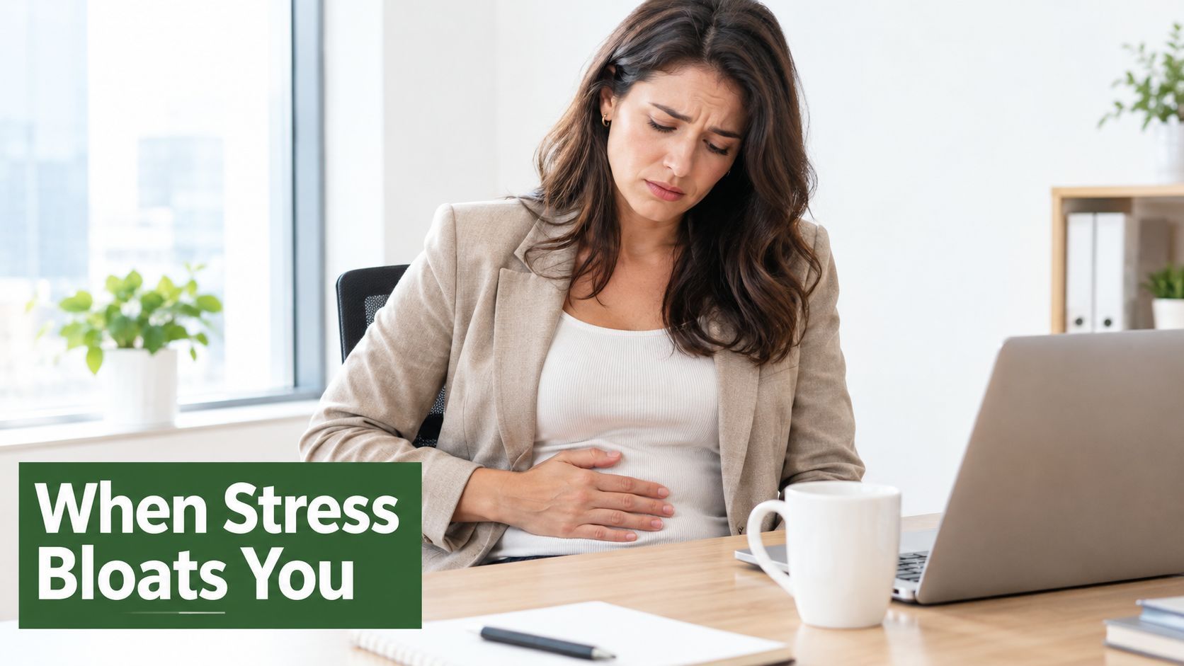 A distressed woman in a business suit sitting at a desk and holding her stomach due to bloating.