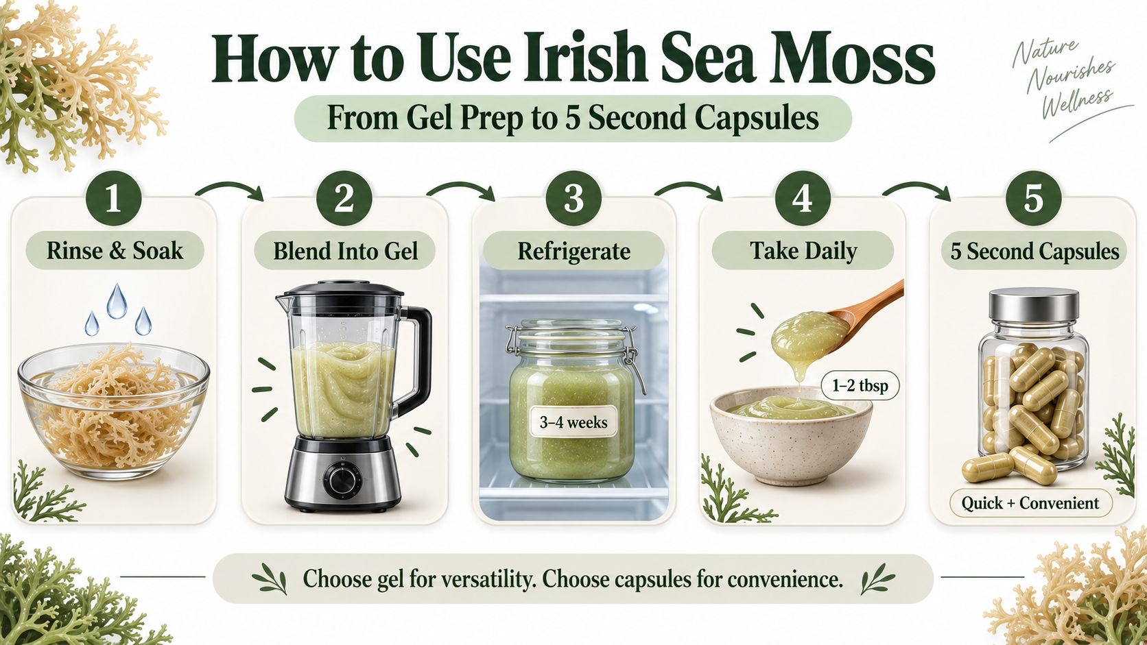A step-by-step instructional infographic showing how to prepare and consume Irish Sea Moss as gel or capsules.