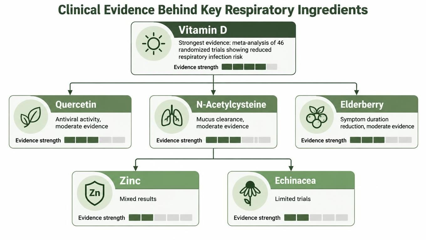A flowchart infographic titled Clinical Evidence Behind Key Respiratory Ingredients, illustrating studies on vitamins and herbal supplements.