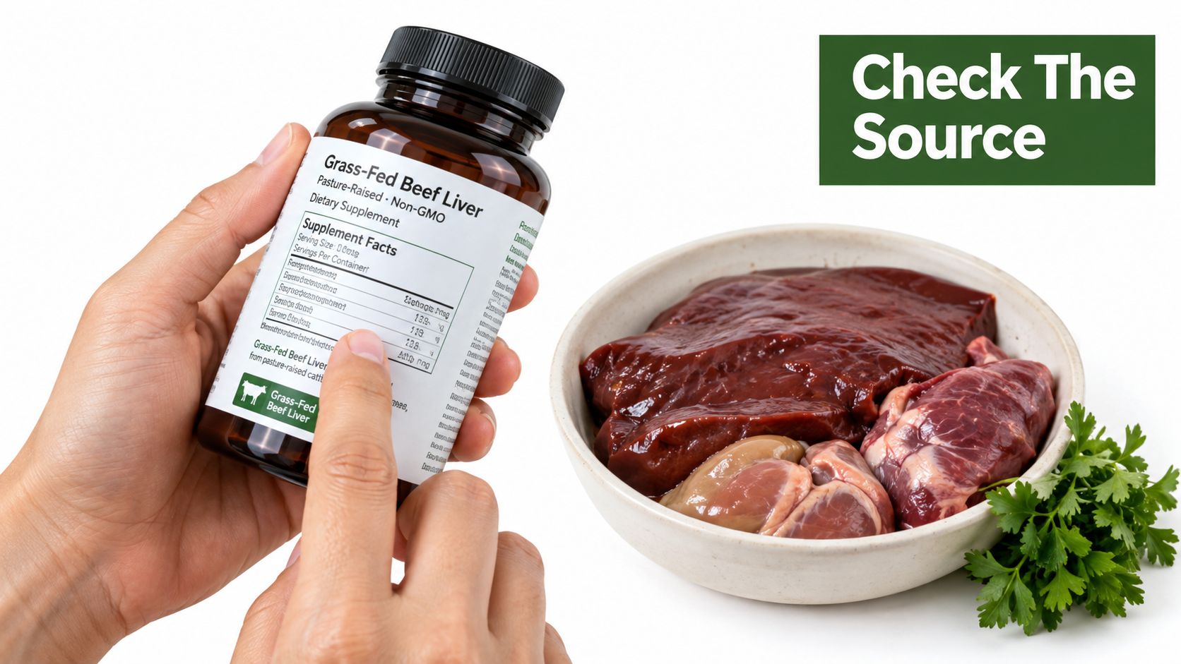 A person holds a bottle of grass-fed beef liver supplement next to a bowl of fresh raw liver.