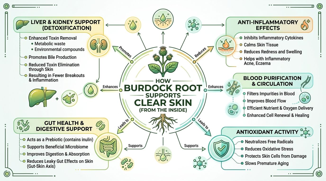 An infographic showing how burdock root supports clear skin through detoxification, anti-inflammatory effects, and digestive health.