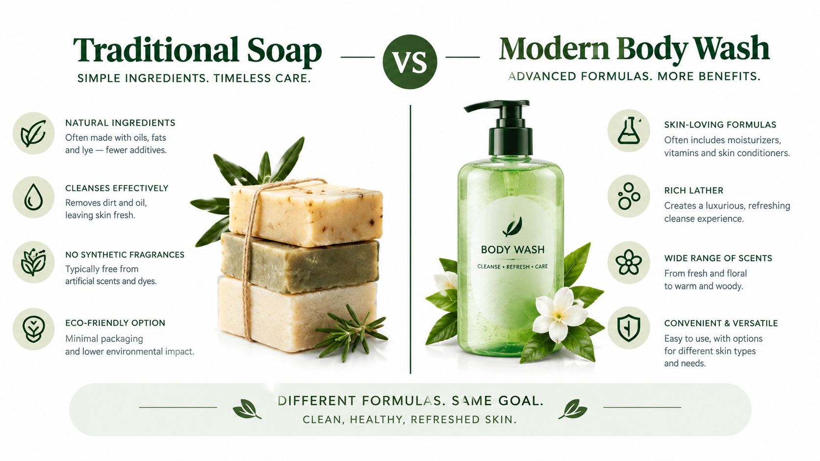An infographic comparing traditional soap bars with modern body wash, highlighting their benefits and unique properties.
