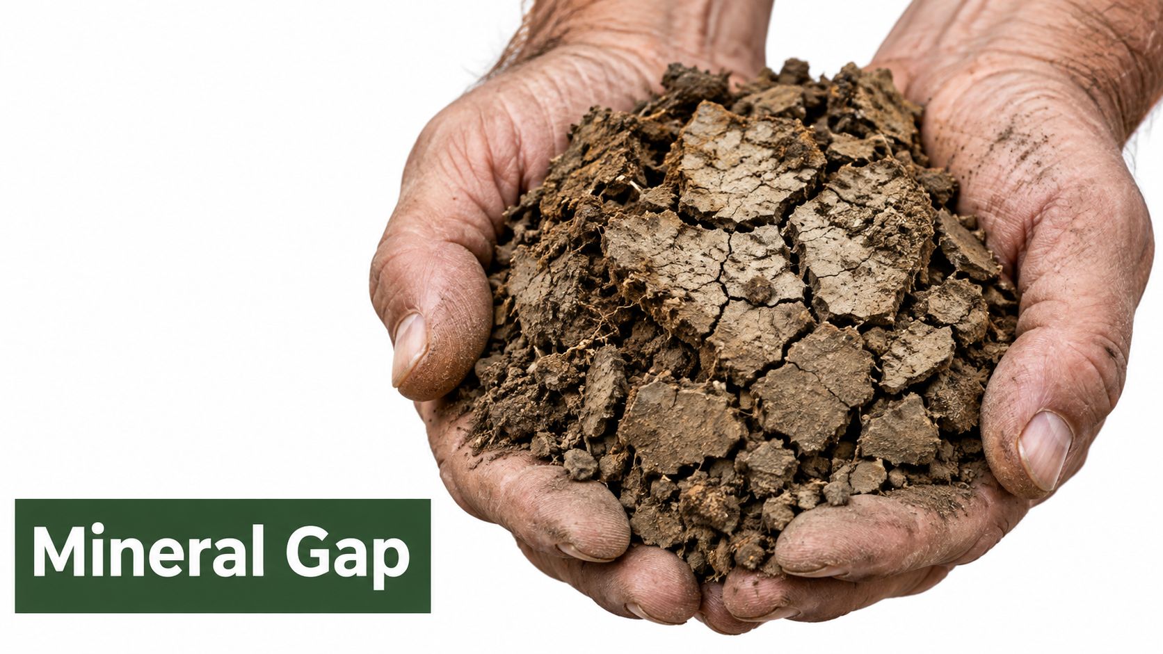 A close-up view of weathered, cracked soil being held in a pair of wrinkled human hands.