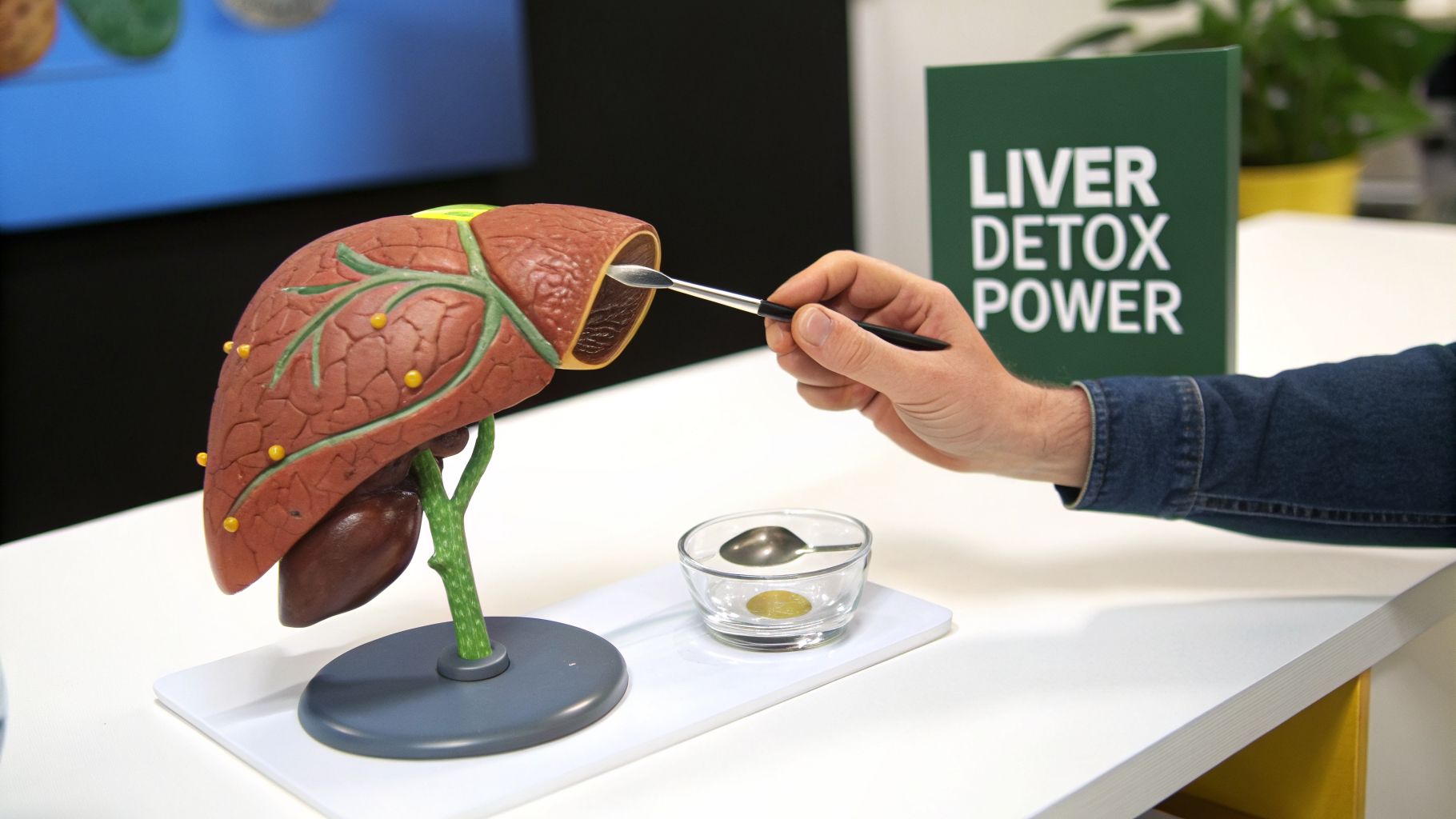 A hand uses a spoon to interact with a human liver model next to a 'Liver Detox Power' sign.