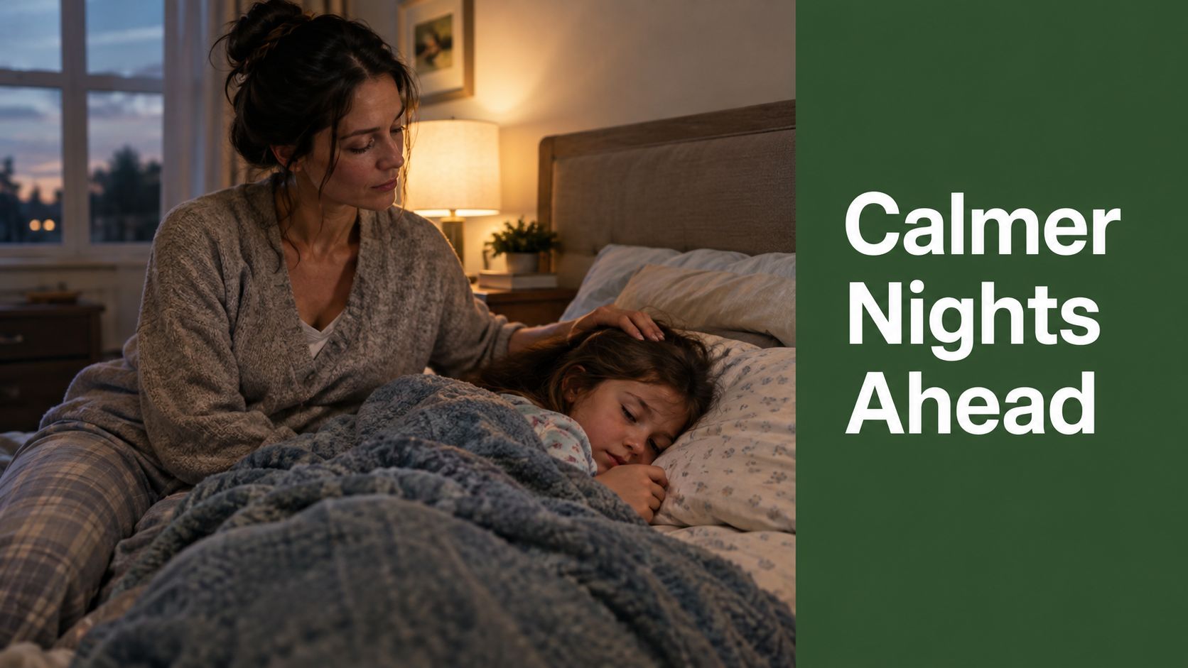 A caring mother sits on the bed comforting her young daughter as she falls asleep at night.