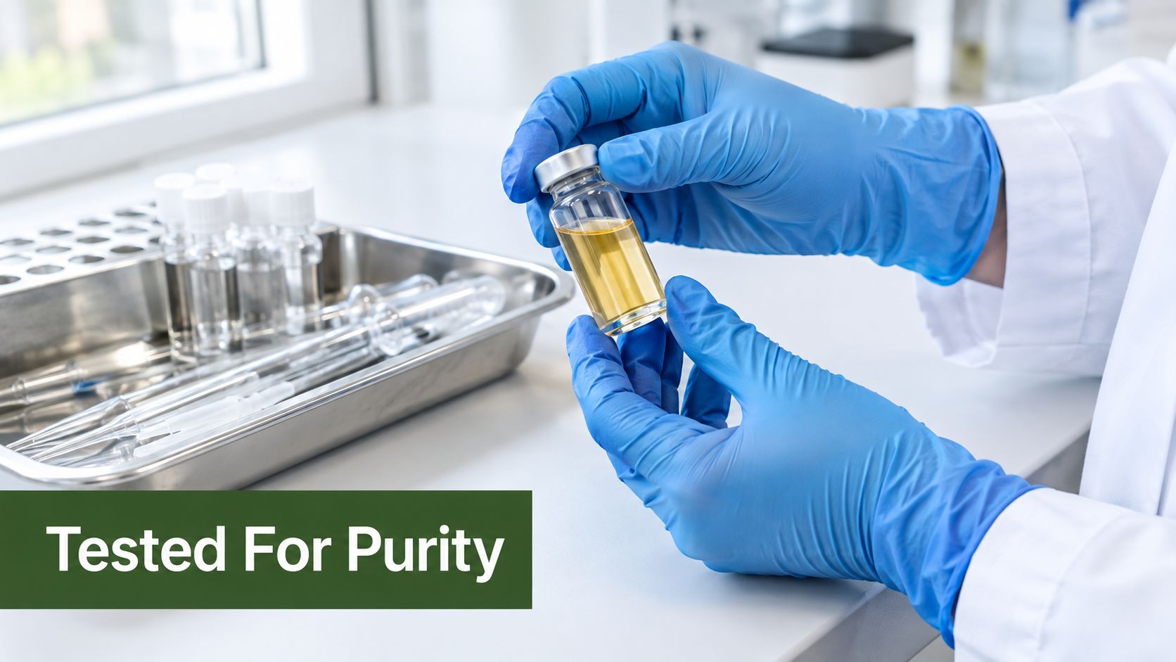 A laboratory technician in blue medical gloves holding a vial of yellow liquid for purity testing.