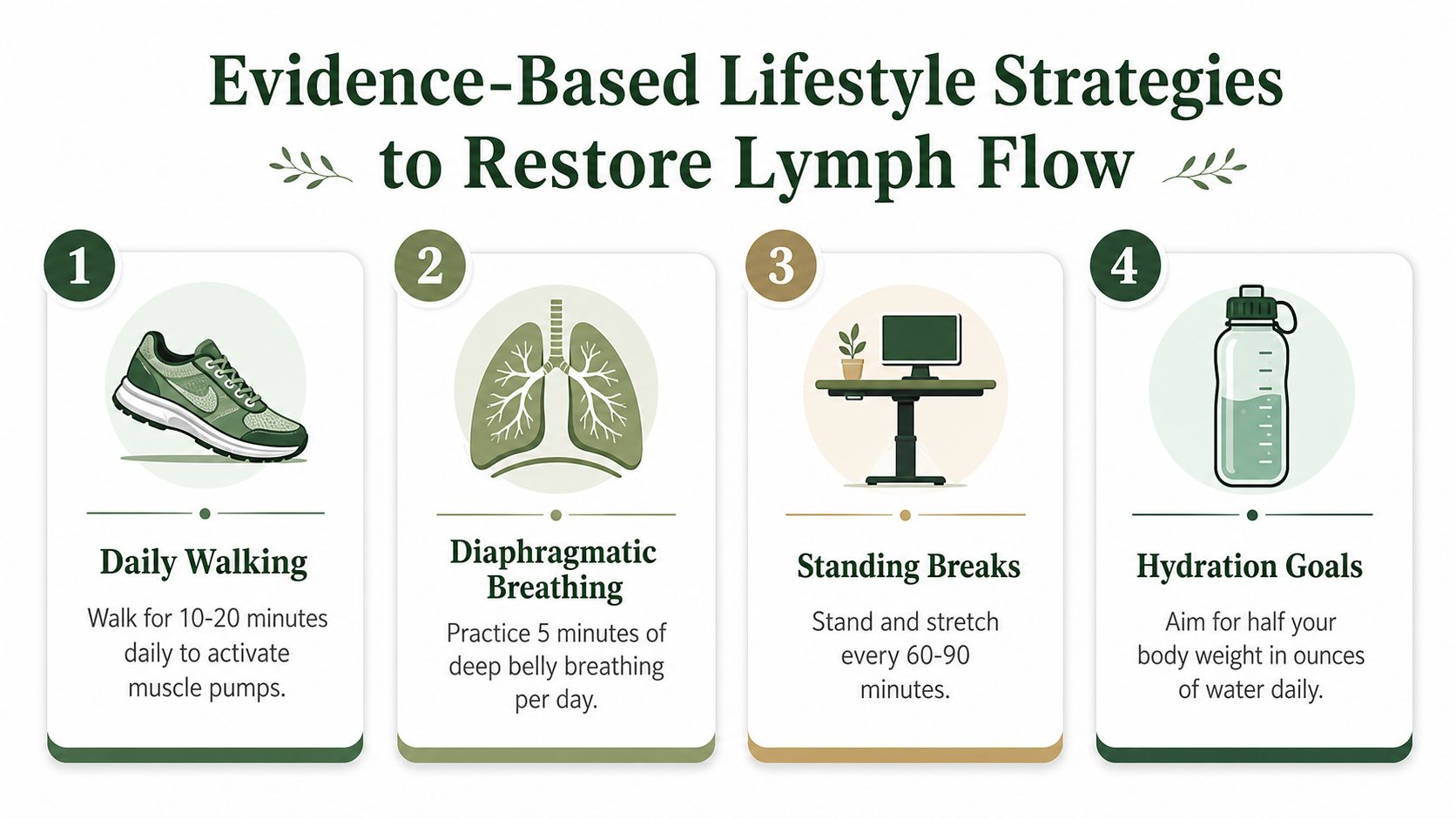 An infographic titled Evidence-Based Lifestyle Strategies to Restore Lymph Flow with four steps: walking, breathing, standing, and hydration.
