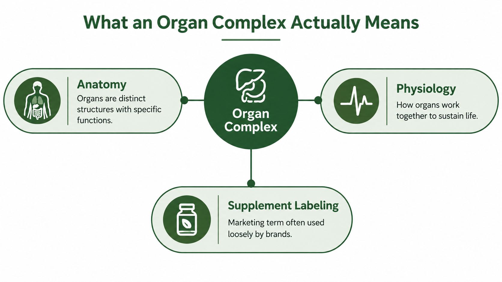 A diagram explaining the term Organ Complex through anatomy, physiology, and supplement labeling perspectives.