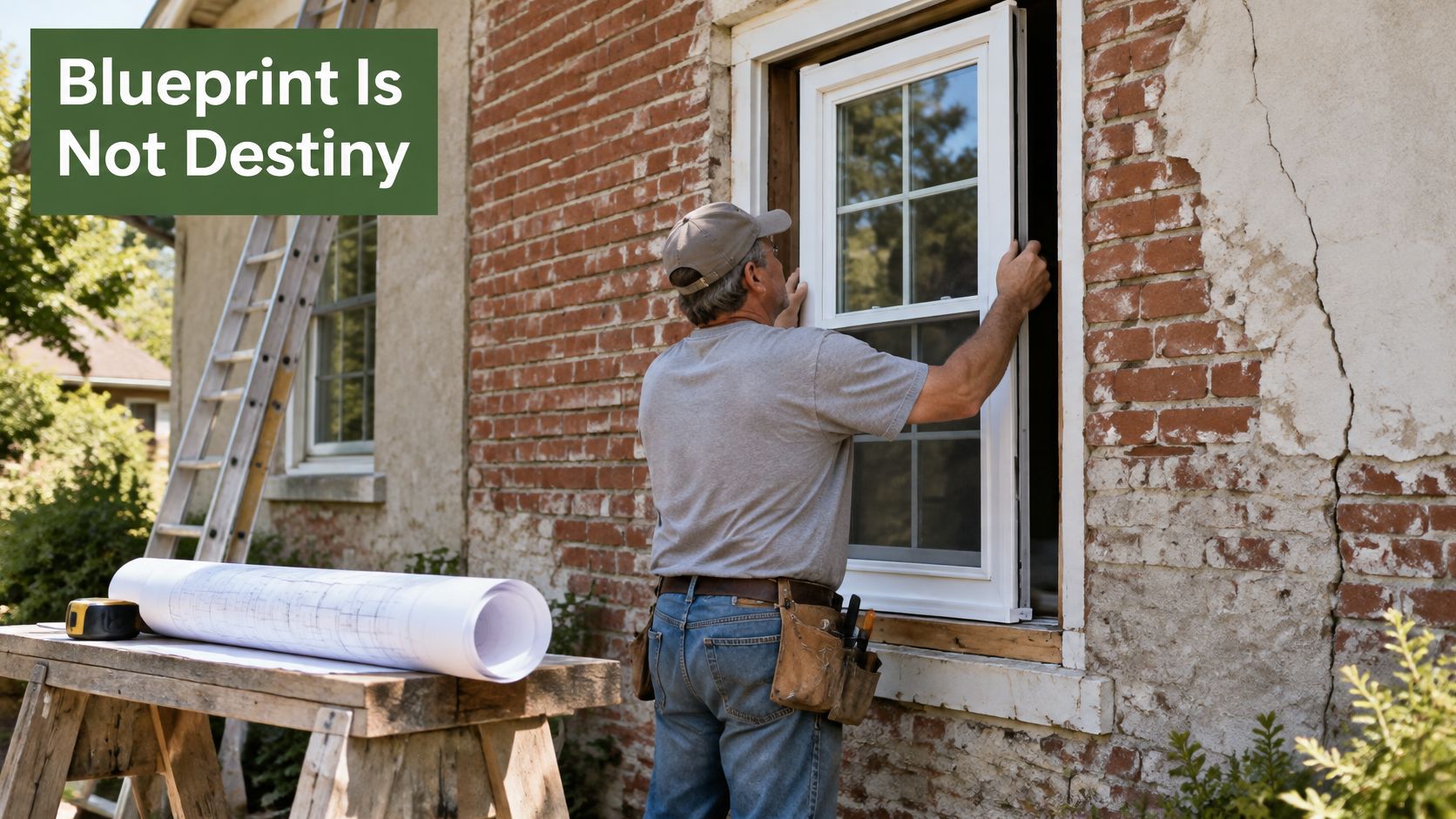 A professional construction worker installing a new white window frame into a brick house wall.
