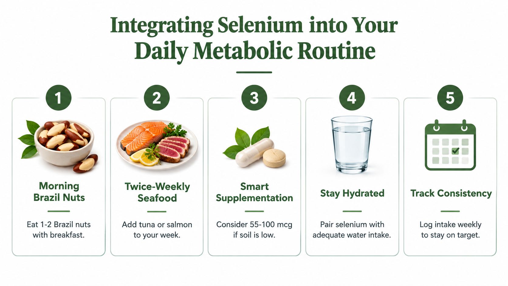 A five-step infographic guide on integrating selenium into a daily metabolic health routine through diet and supplementation.