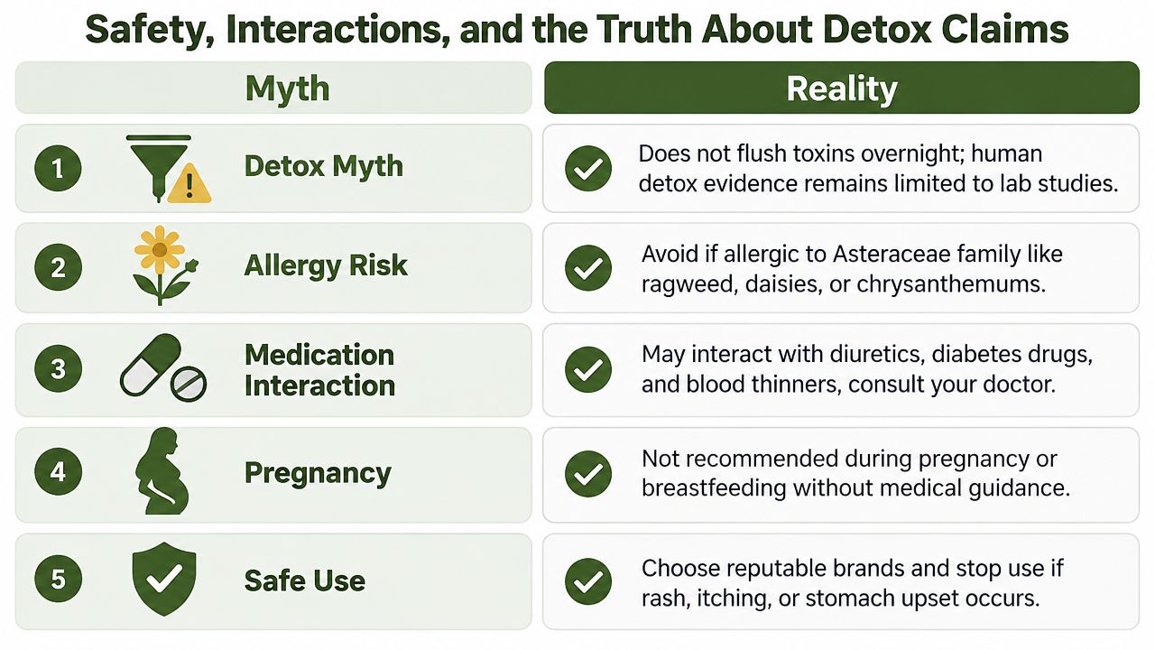 A safety infographic highlighting myths and realities about detox supplements, including allergy risks and medication interactions.