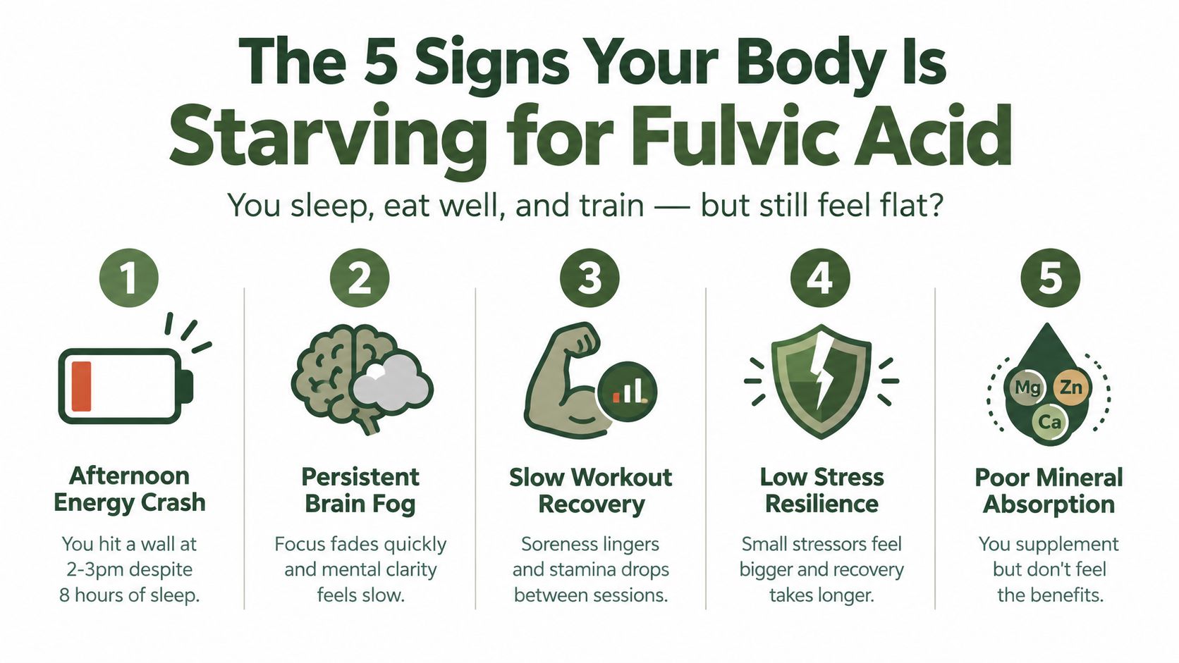 An infographic detailing five physical signs that your body may require more fulvic acid for optimal health.