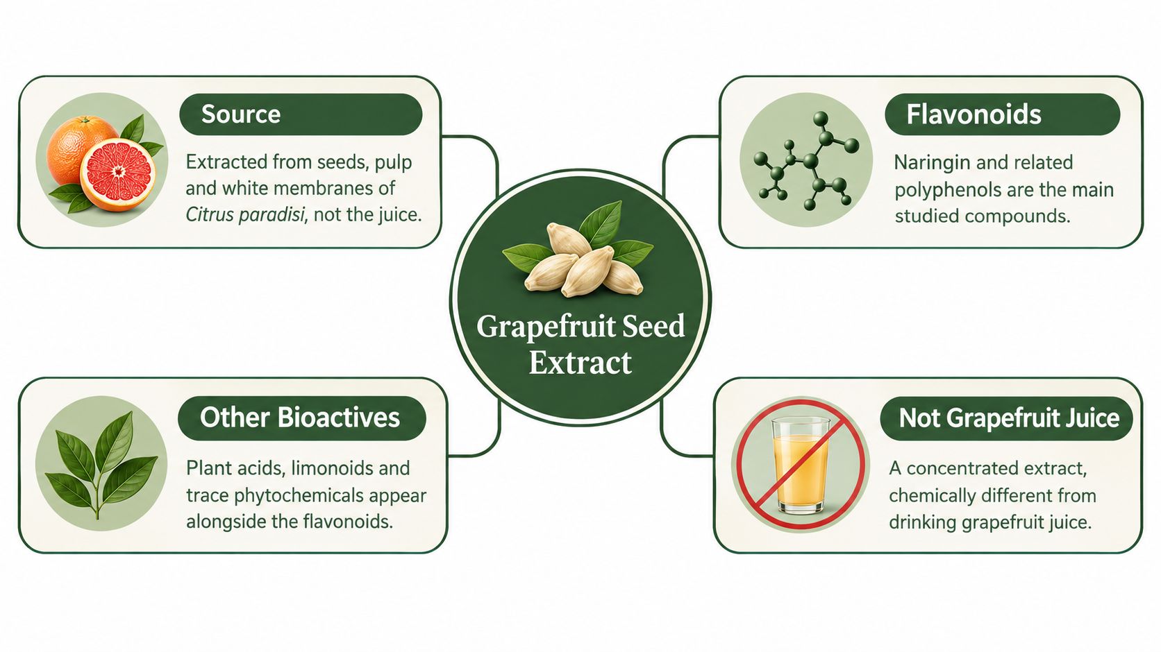 An infographic detailing facts about grapefruit seed extract, its source, chemical composition, and differences from juice.