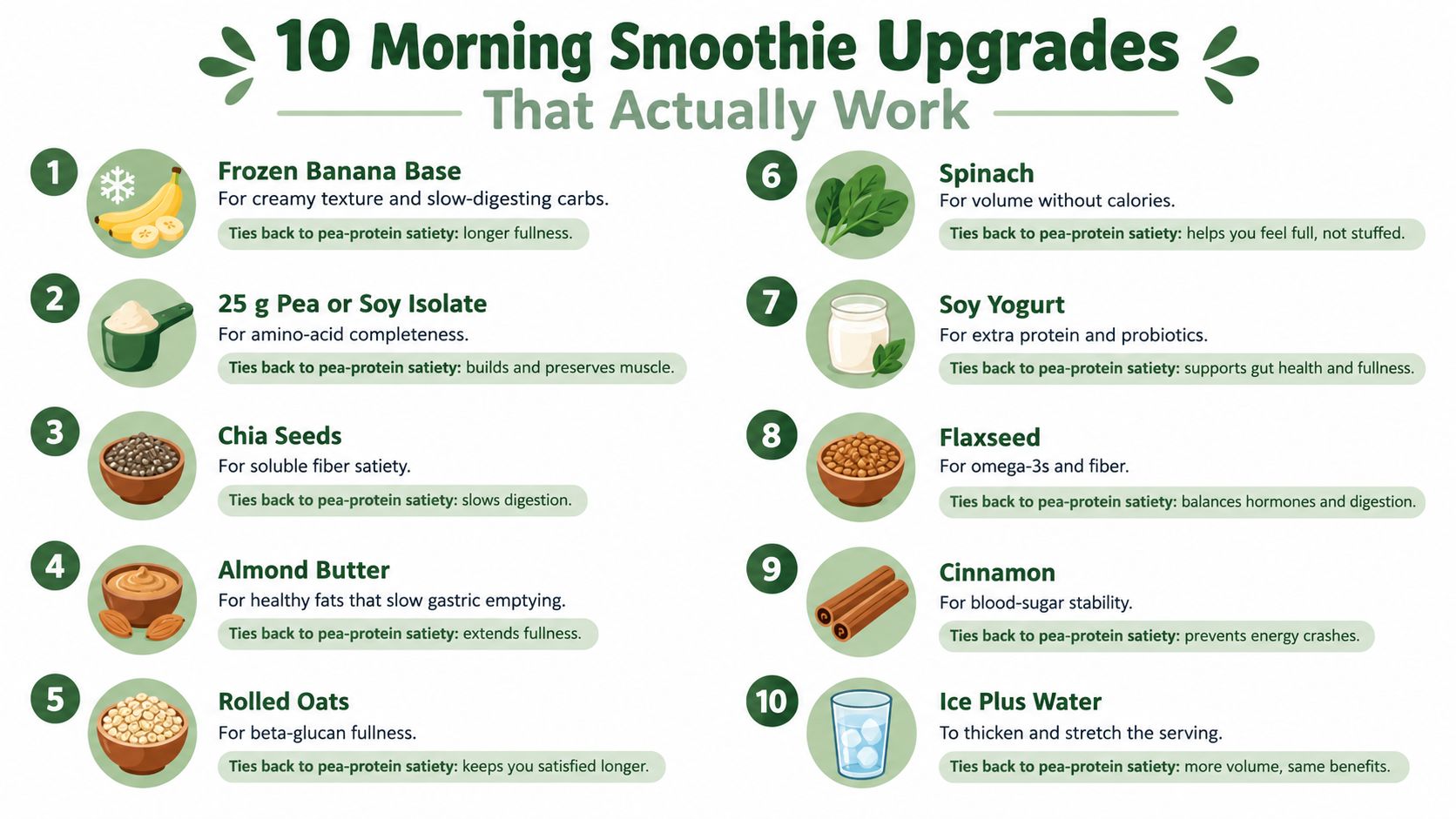 A numbered list of ten healthy ingredients to add to morning smoothies for better satiety and nutrition.