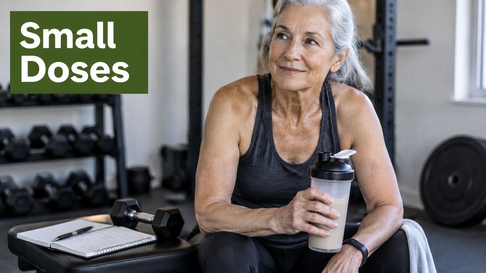 An active senior woman with gray hair sitting in a gym holding a protein shake bottle.