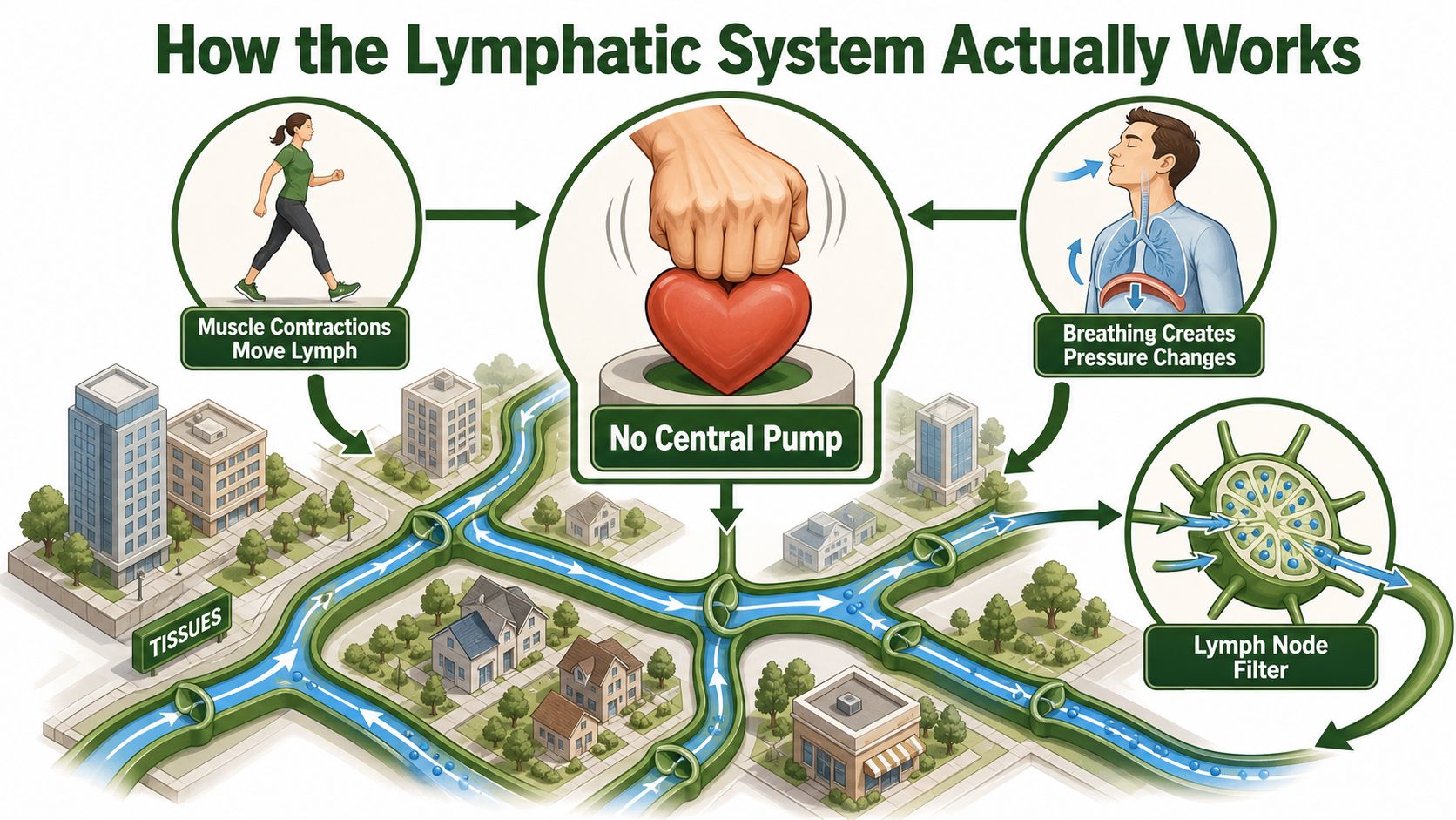 An infographic illustrating how the lymphatic system works through movement, breathing, and lymph node filtration processes.