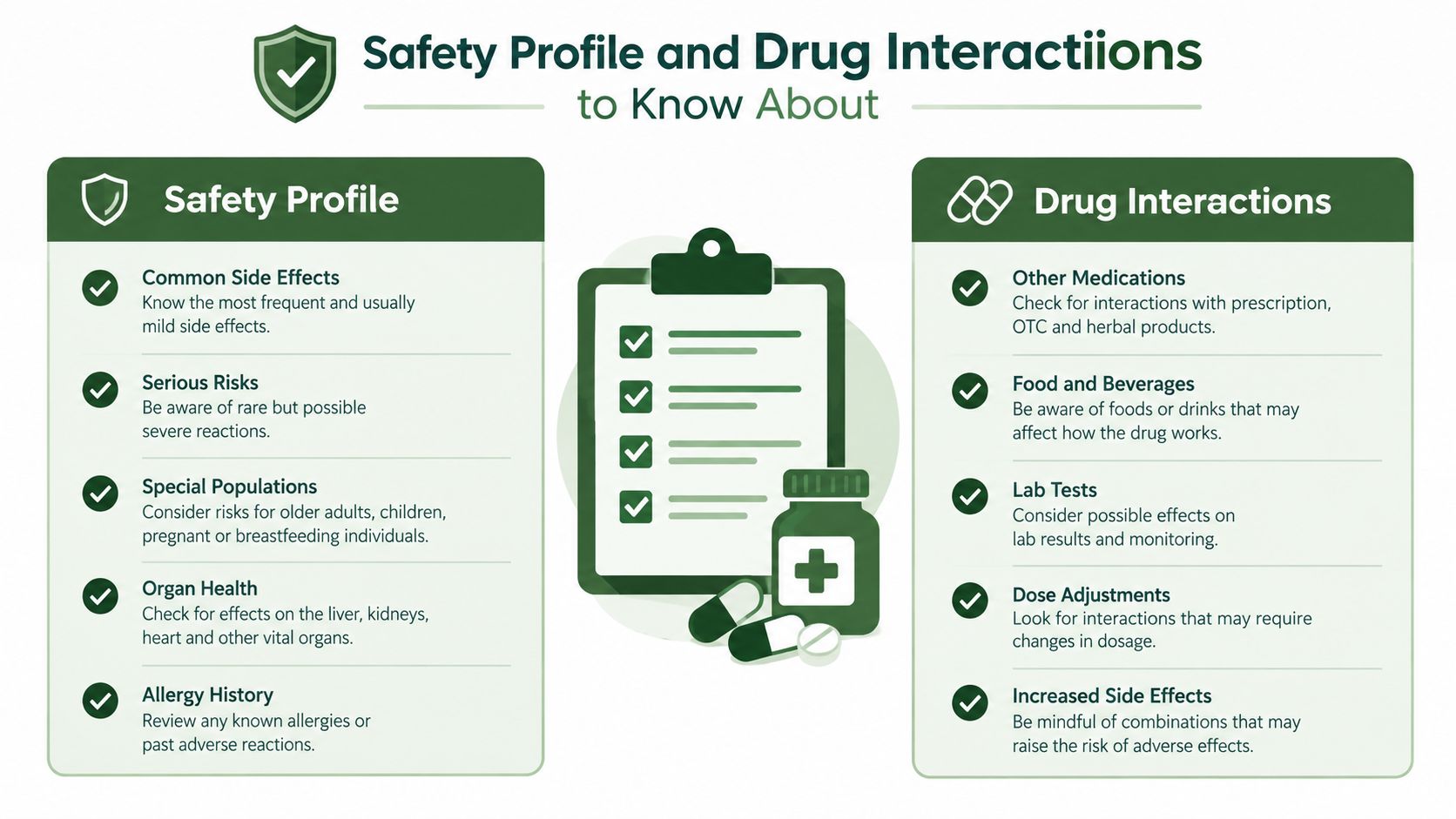A green infographic about medication safety, outlining common side effects and potential drug interactions to monitor.