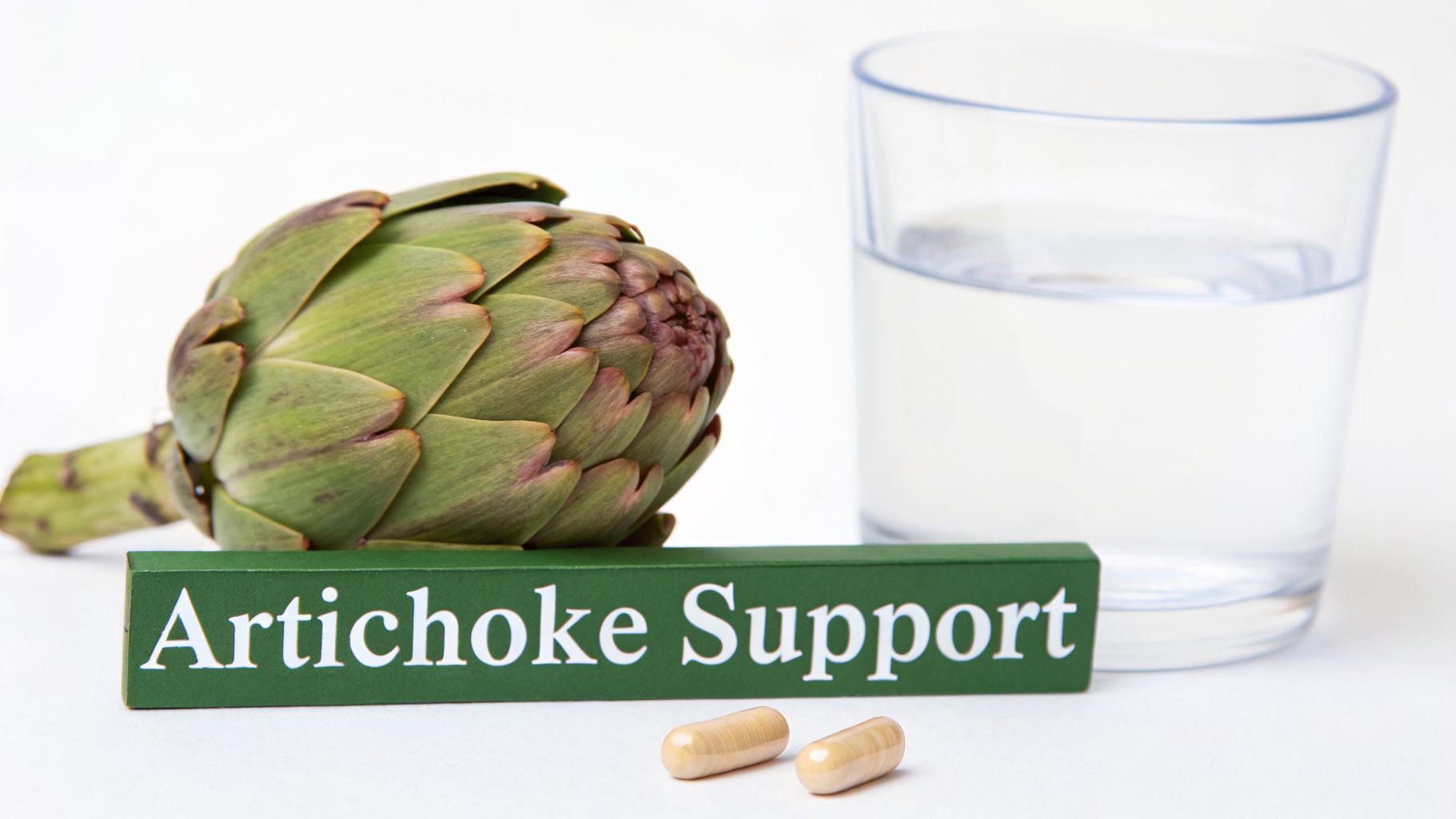 A fresh artichoke, a glass of water, and 'Artichoke Support' capsules on a white background.
