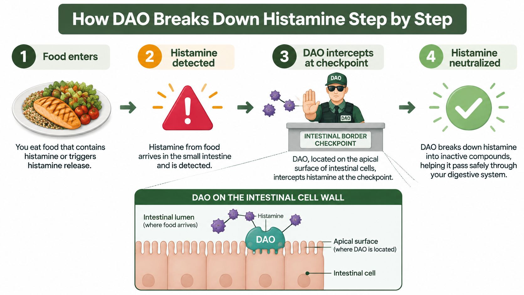 A diagram illustrating how the DAO enzyme breaks down dietary histamine in the human small intestine.