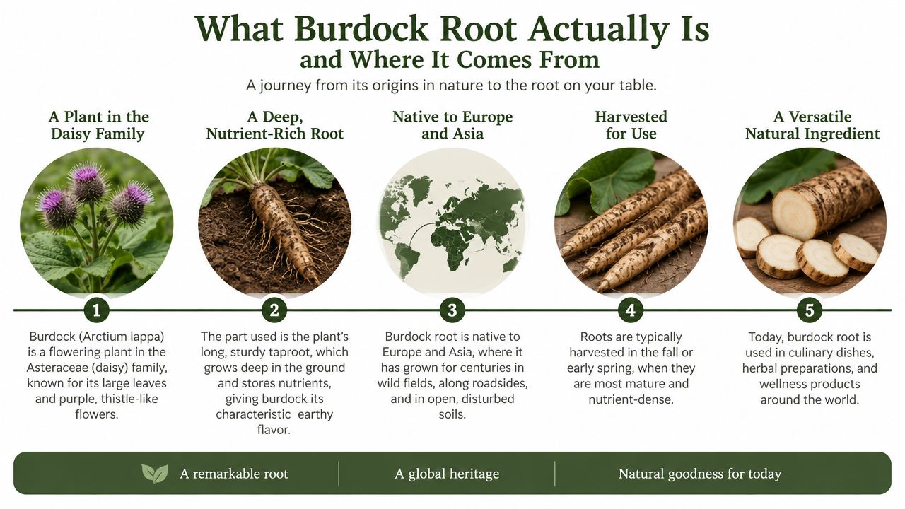 An infographic titled What Burdock Root Actually Is, explaining its origins, growth, and culinary uses.