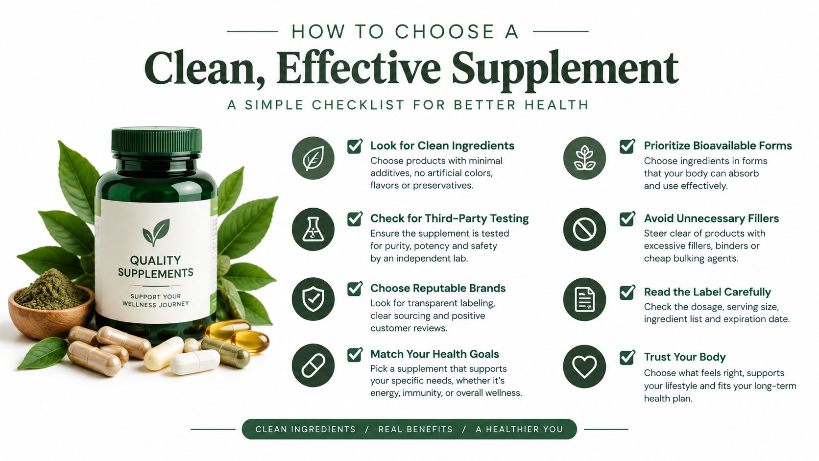 A helpful infographic guide detailing eight essential tips for choosing clean and effective dietary health supplements.