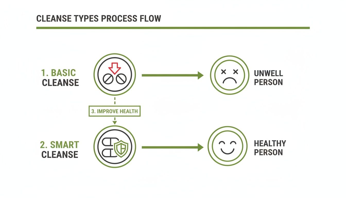 A process flow diagram illustrating basic and smart cleanse types and their health outcomes.
