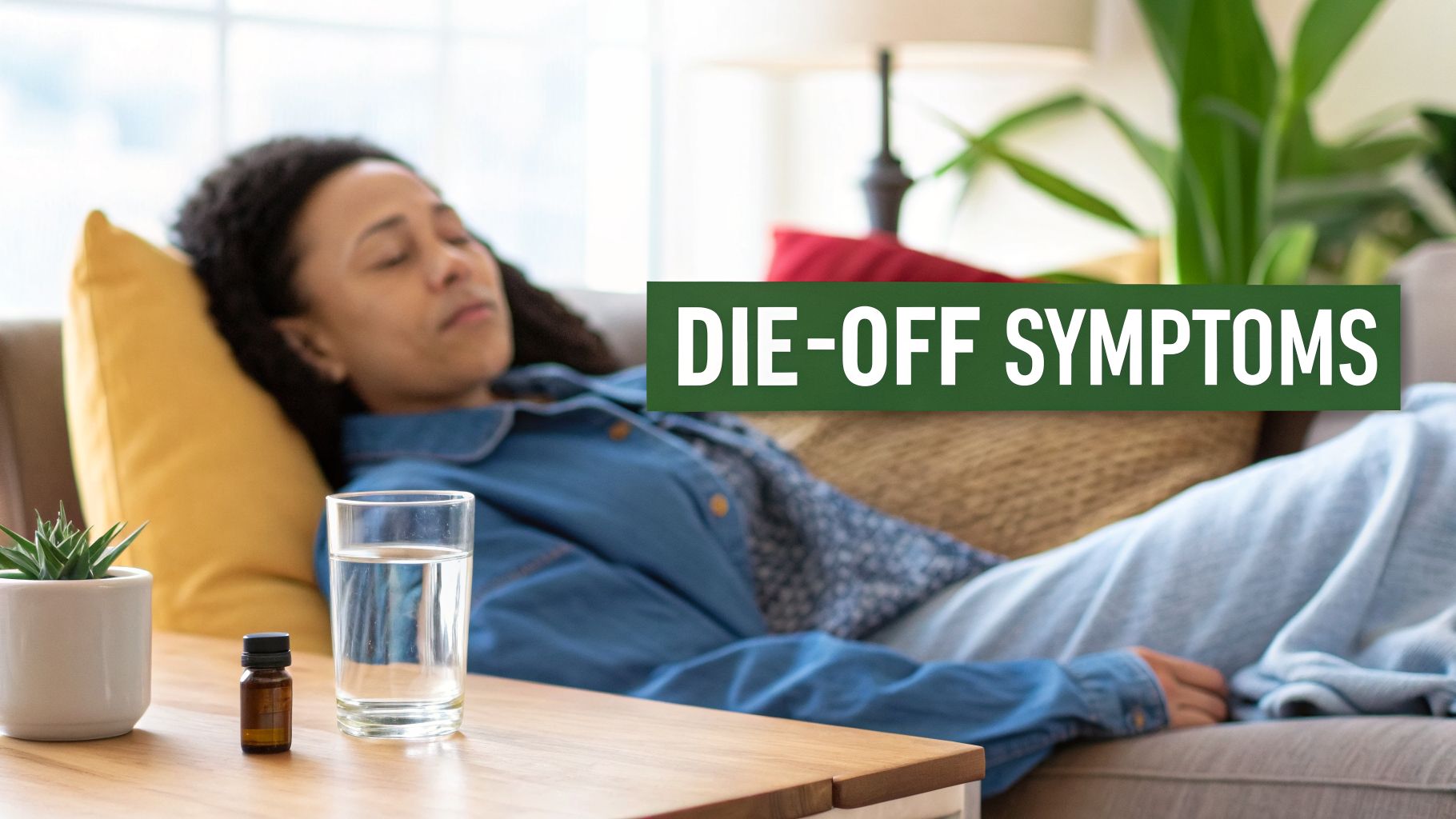 Woman resting on a couch with water and a small bottle on the table, featuring 'DIE-OFF SYMPTOMS' text.