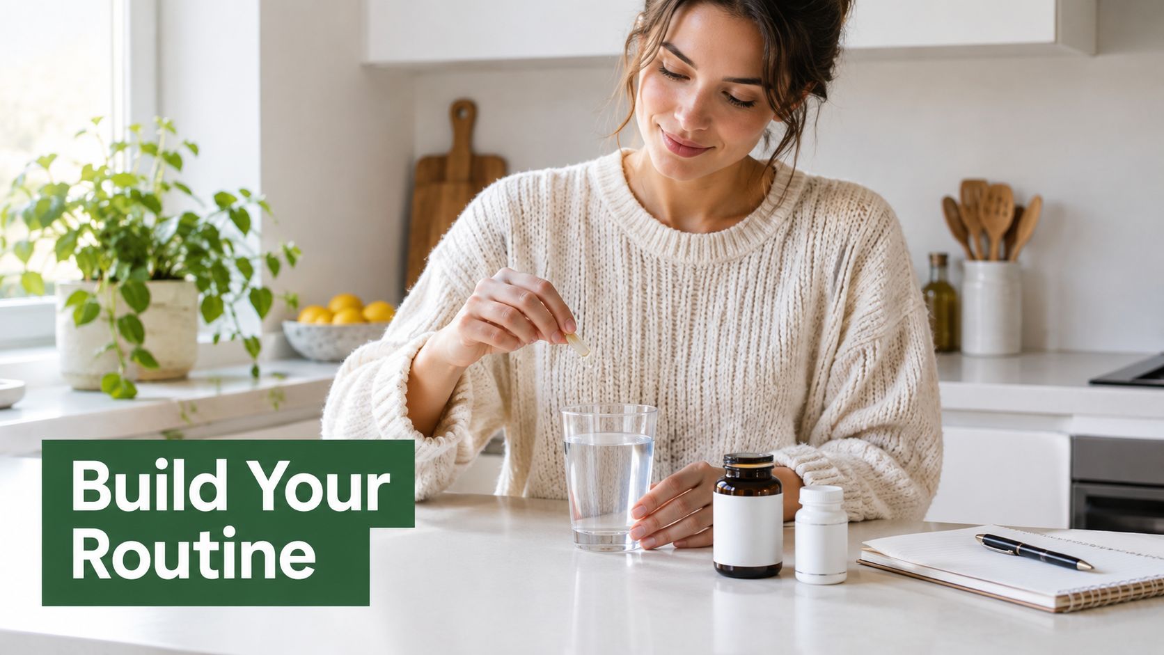 A woman in a cream sweater preparing to take a nutritional supplement with a glass of water.