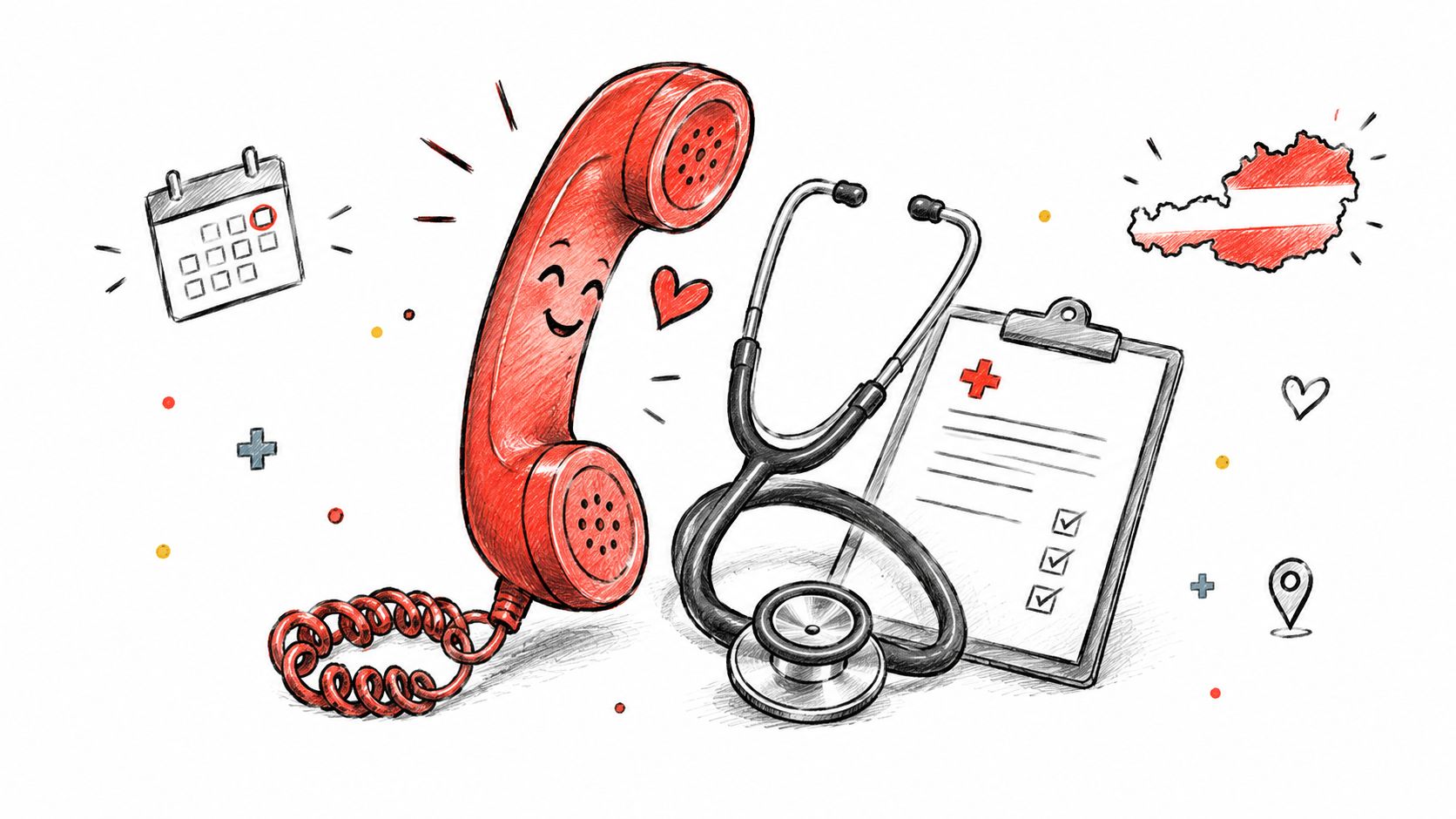 Eine handgezeichnete Illustration eines Telefons, eines Stethoskops und eines Klemmbretts zur medizinischen Beratung in Österreich.