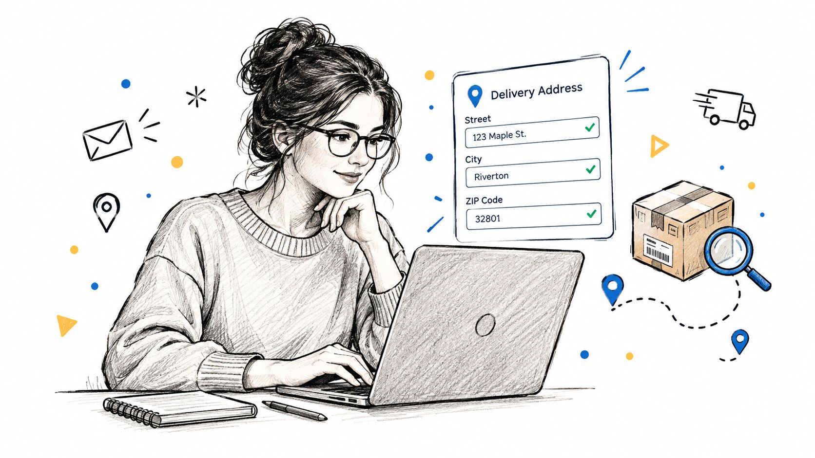Eine Frau bestellt online Waren mit einer Lieferadresse an ihrem Laptop in einer stilvollen Illustration.
