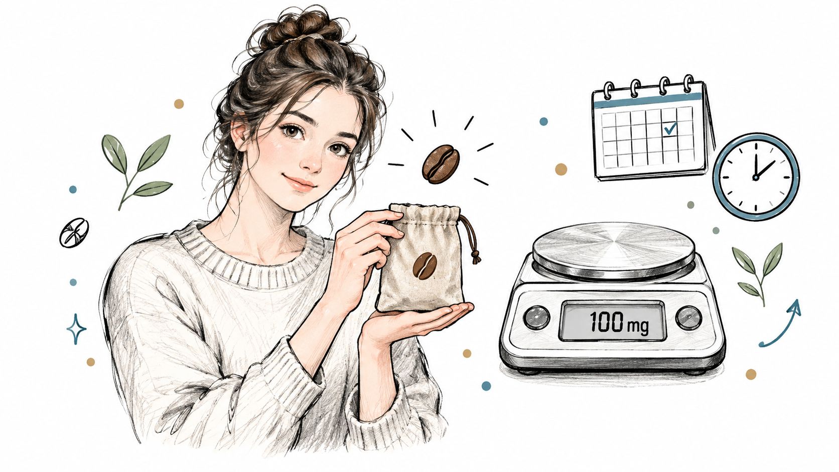 Eine illustrierte junge Frau hält einen Beutel mit Kaffeebohnen neben einer Waage, einem Kalender und einer Uhr.