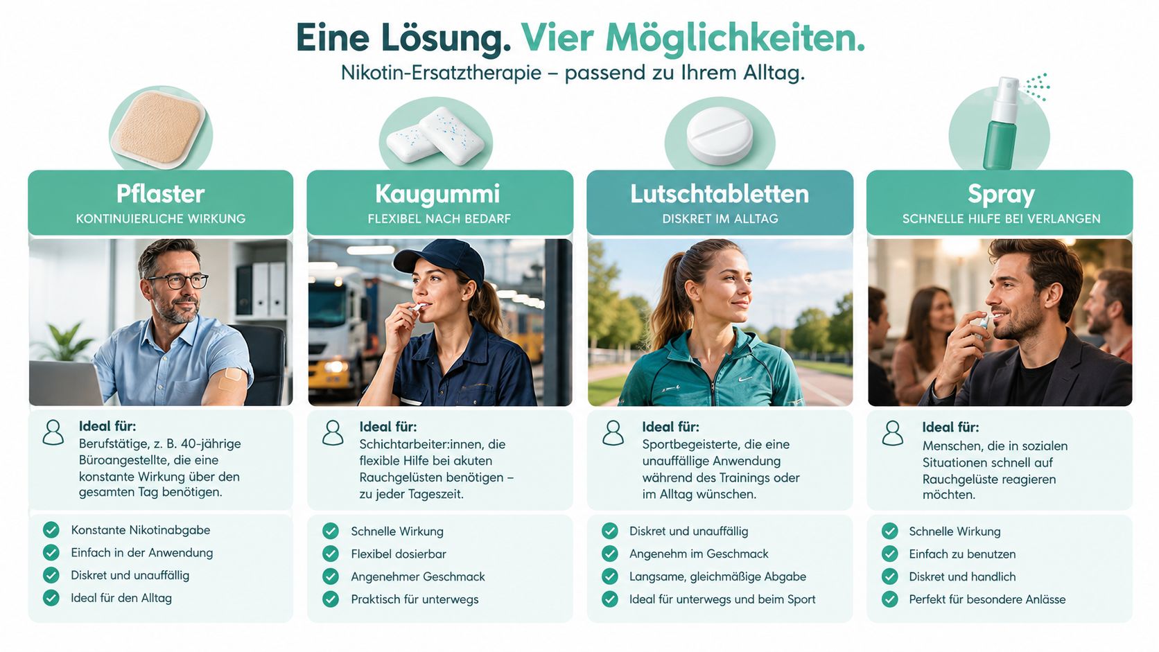 Übersicht der vier verschiedenen Nikotinersatztherapie-Optionen wie Pflaster, Kaugummi, Lutschtabletten und Spray für den persönlichen Alltag.
