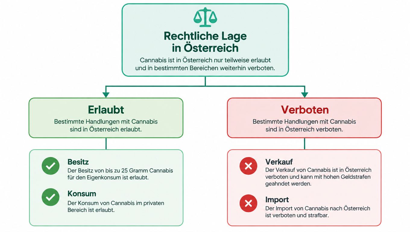 Eine Infografik zur rechtlichen Lage von Cannabis in Österreich mit erlaubten und verbotenen Handlungen.